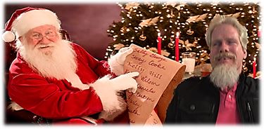 Santa sitting with Kelly and pointing to Kelly's name on his list